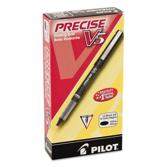 Precise V5 Roller Ball Pen, Stick, Extra-Fine 0.5 mm, Black Ink, Black Barrel, Dozen