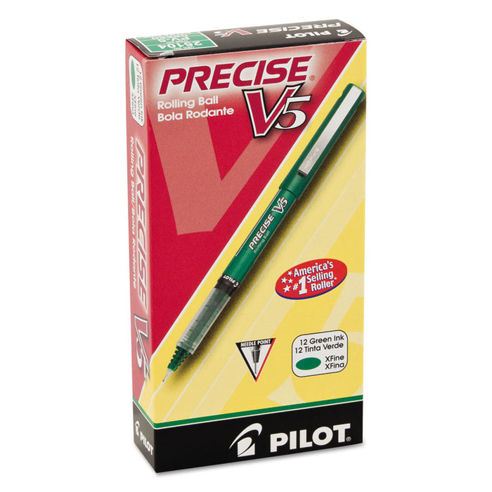Precise V5 Roller Ball Pen, Stick, Extra-Fine 0.5 mm, Green Ink, Green Barrel, Dozen