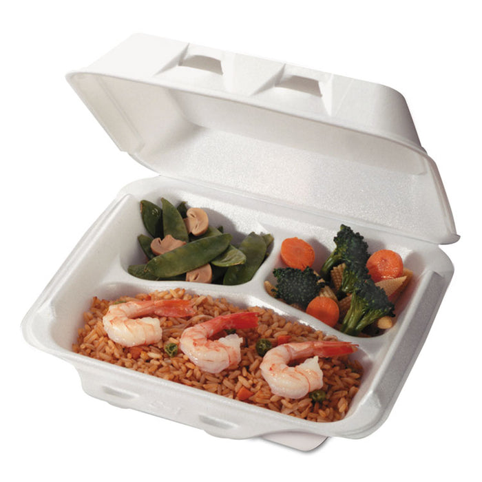 SmartLock Vented Foam Hinged Lid Containers, White, 7.5 x 8 x 2.63, 3-Compartment, 150/Carton