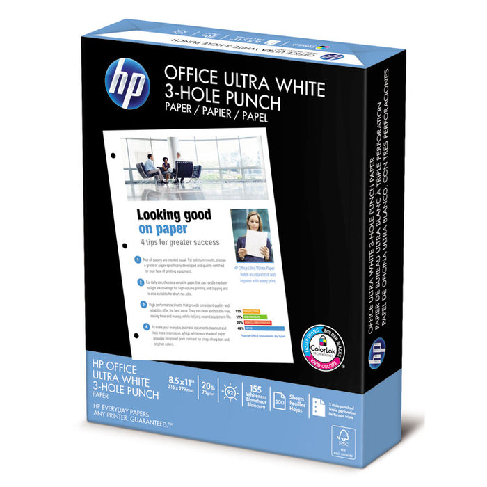 Office20 Paper, 92 Bright, 3-Hole, 20lb, 8.5 x 11, White, 500/Ream