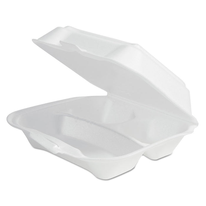 Foam Hinged Lid Container with One Tab Latch, Poly Bag, 7.81 x 8.75 x 3.38, White, 3-Compartment, 100/Bag, 2 Bags/Carton
