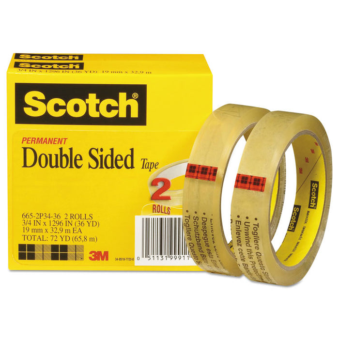 Double-Sided Tape, 3" Core, 0.75" x 36 yds, Clear, 2/Pack