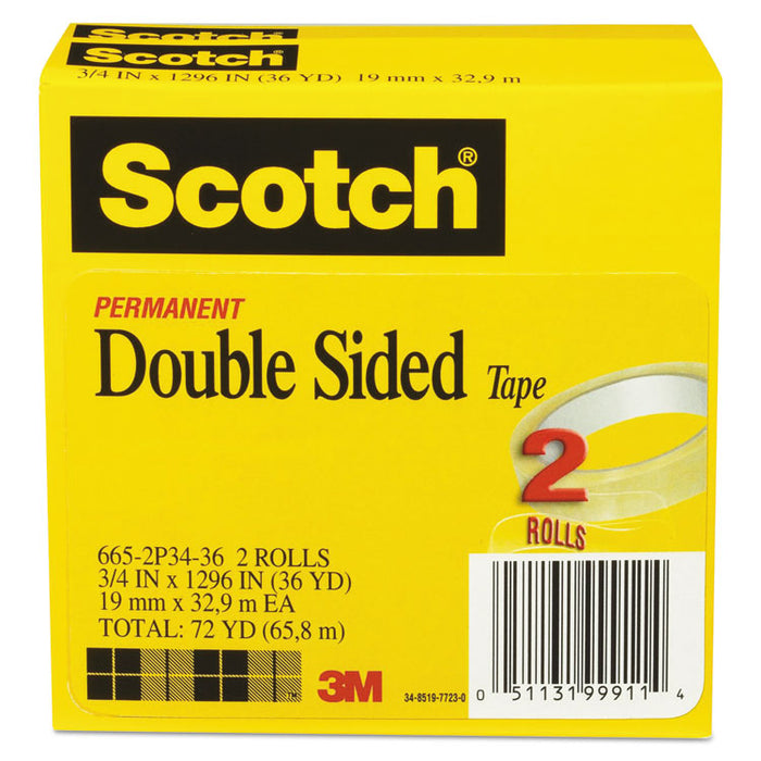 Double-Sided Tape, 3" Core, 0.75" x 36 yds, Clear, 2/Pack