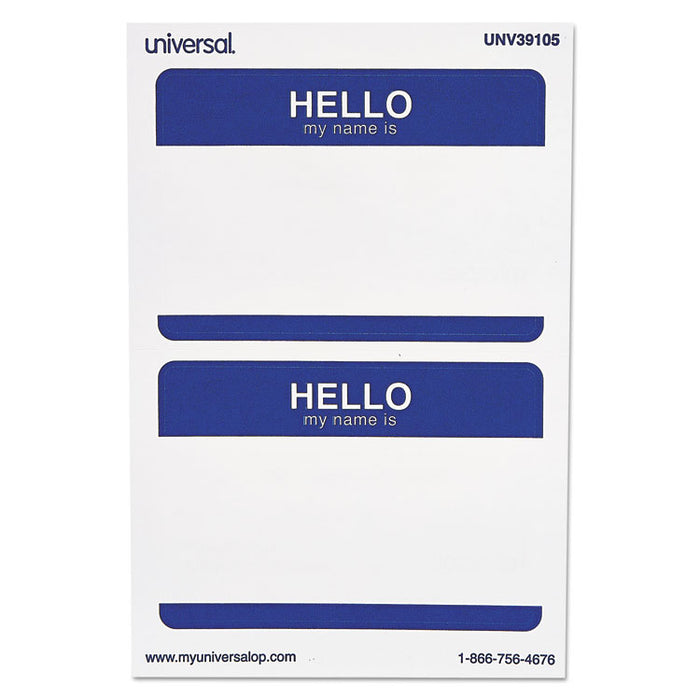 "Hello" Self-Adhesive Name Badges, 3 1/2 x 2 1/4, White/Blue, 100/Pack