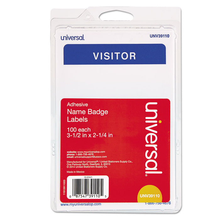 "Visitor" Self-Adhesive Name Badges, 3 1/2 x 2 1/4, White/Blue, 100/Pack