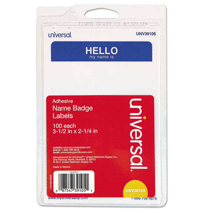 "Hello" Self-Adhesive Name Badges, 3 1/2 x 2 1/4, White/Blue, 100/Pack