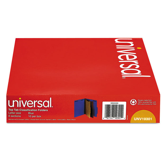 Bright Colored Pressboard Classification Folders, 2 Dividers, Letter Size, Cobalt Blue Cover, 10/Box