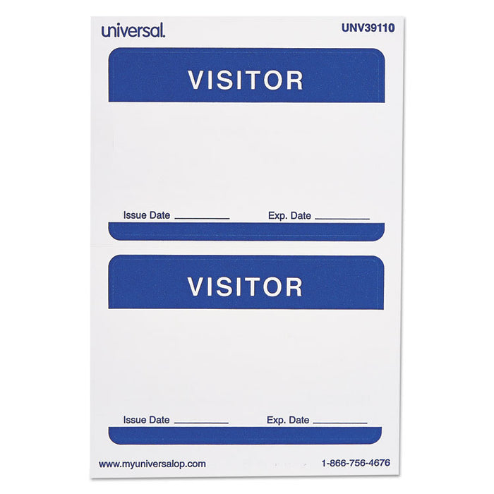 "Visitor" Self-Adhesive Name Badges, 3 1/2 x 2 1/4, White/Blue, 100/Pack