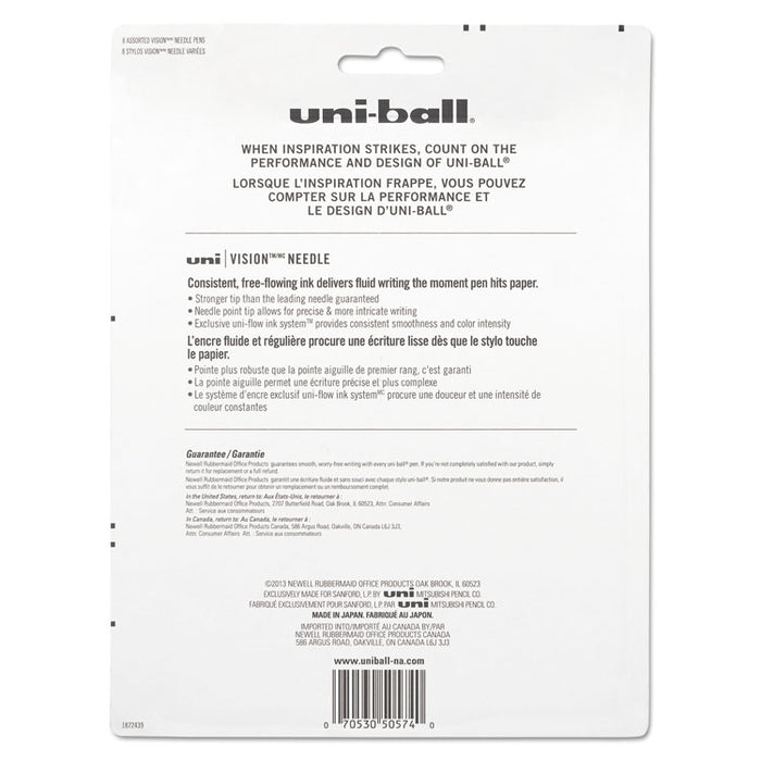 VISION Needle Stick Roller Ball Pen, Fine 0.7mm, Assorted Ink, Silver Barrel, 8/Set