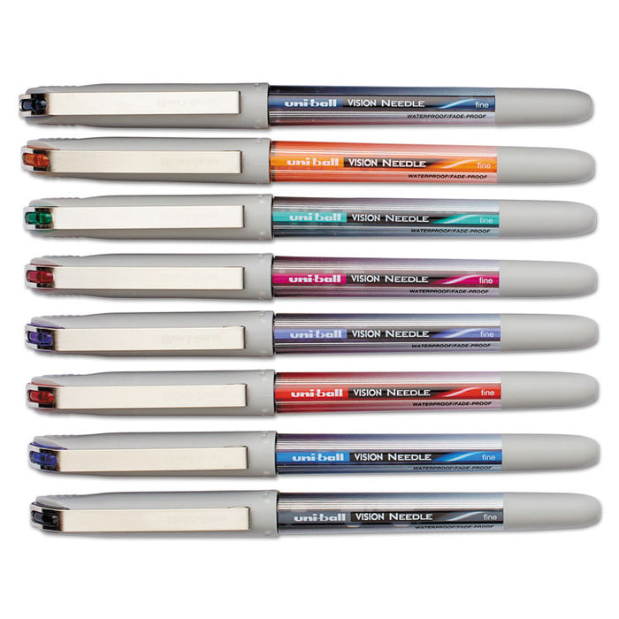 VISION Needle Stick Roller Ball Pen, Fine 0.7mm, Assorted Ink, Silver Barrel, 8/Set