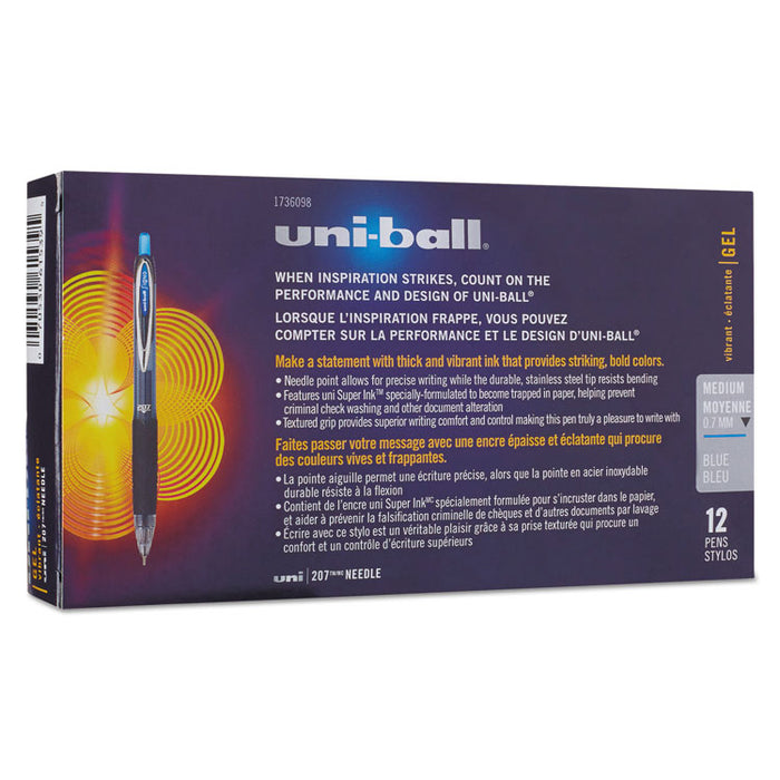 Signo 207 Needle Point Gel Pen, Retractable, Medium 0.7 mm, Blue Ink, Black Barrel, Dozen