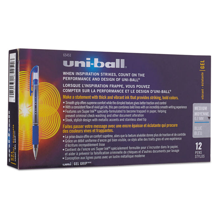 Signo GRIP Stick Gel Pen, Medium 0.7mm, Blue Ink, Silver/Blue Barrel, Dozen