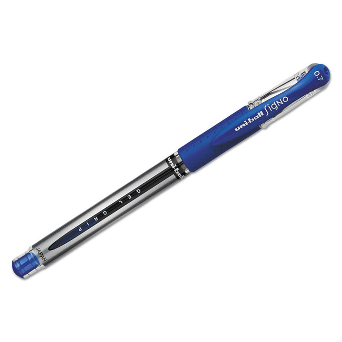 Signo GRIP Stick Gel Pen, Medium 0.7mm, Blue Ink, Silver/Blue Barrel, Dozen