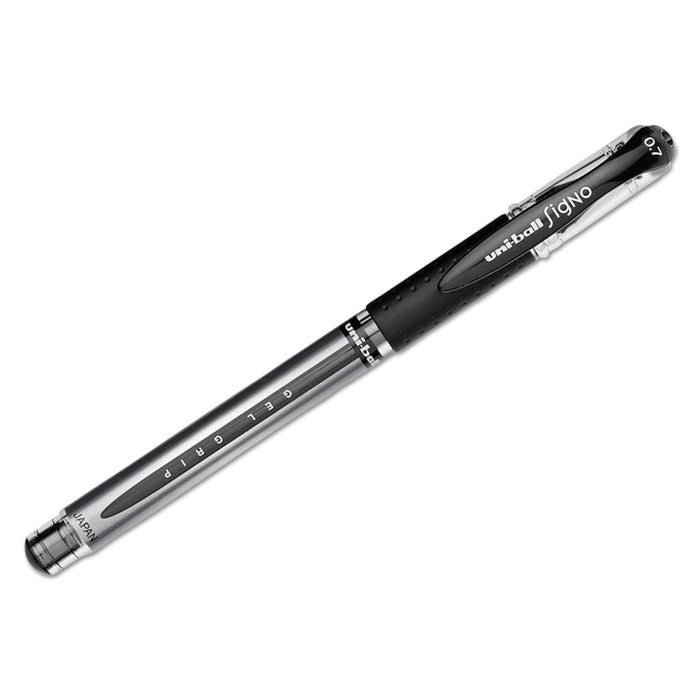 Signo GRIP Gel Pen, Stick, Medium 0.7 mm, Black Ink, Silver/Black Barrel, Dozen