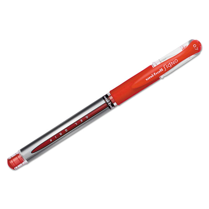 Signo GRIP Stick Gel Pen, Medium 0.7mm, Red Ink, Silver/Red Barrel, Dozen