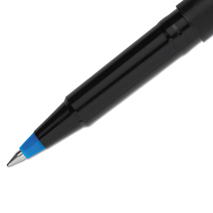 Stick Roller Ball Pen, Micro 0.5mm, Blue Ink, Black Matte Barrel, Dozen
