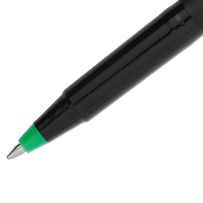 Stick Roller Ball Pen, Fine 0.7mm, Green Ink, Black Matte Barrel, Dozen
