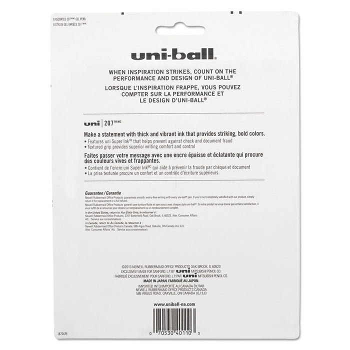 Signo 207 Gel Pen, Retractable, Medium 0.7 mm, Assorted Ink Colors, Black Barrel, 8/Pack