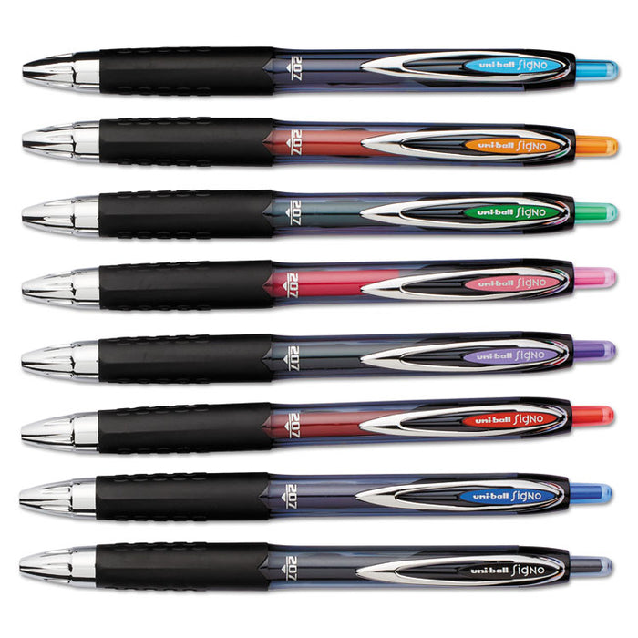 Signo 207 Gel Pen, Retractable, Medium 0.7 mm, Assorted Ink Colors, Black Barrel, 8/Pack