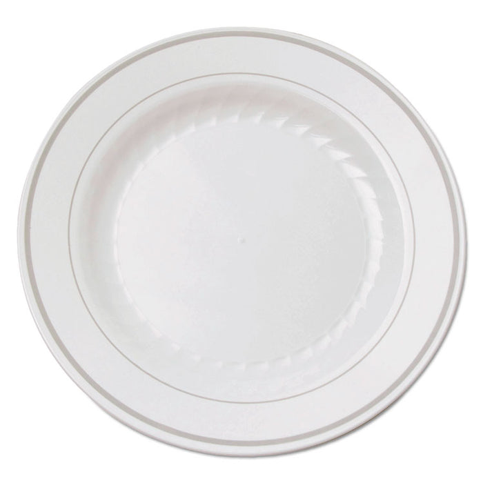 Masterpiece Plastic Plates, 6 in., White w/Silver Accents, Round, 120/Carton