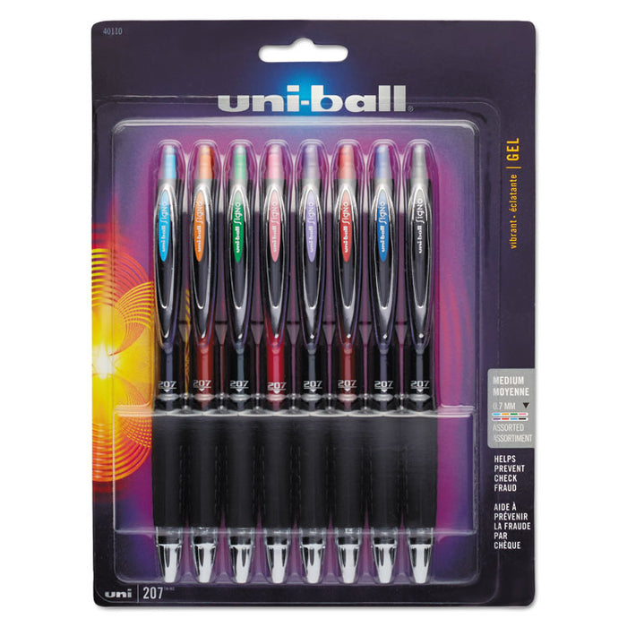 Signo 207 Gel Pen, Retractable, Medium 0.7 mm, Assorted Ink Colors, Black Barrel, 8/Pack