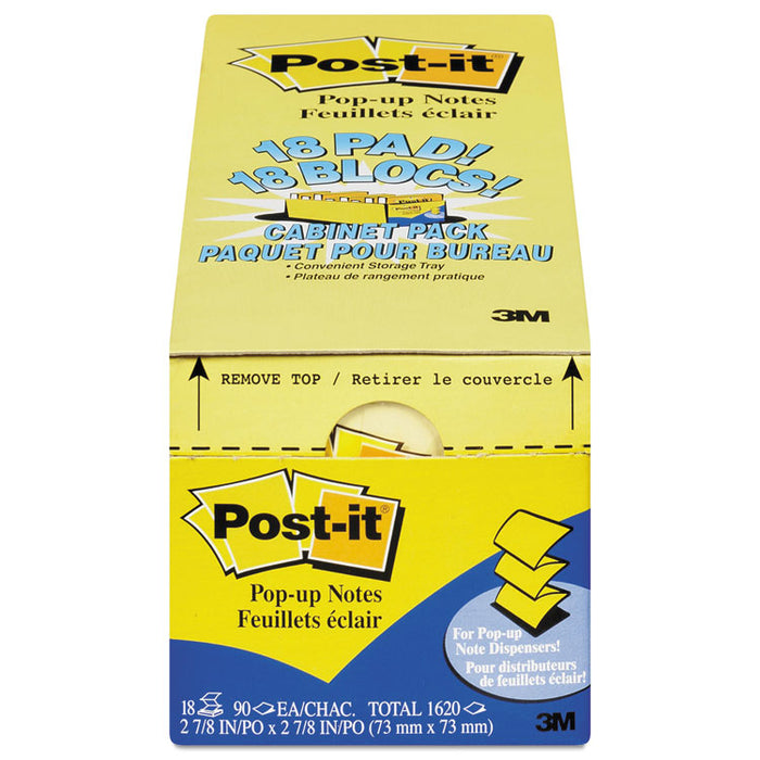 Original Canary Yellow Pop-up Refill Cabinet Pack, 3" x 3", Canary Yellow, 90 Sheets/Pad, 18 Pads/Pack