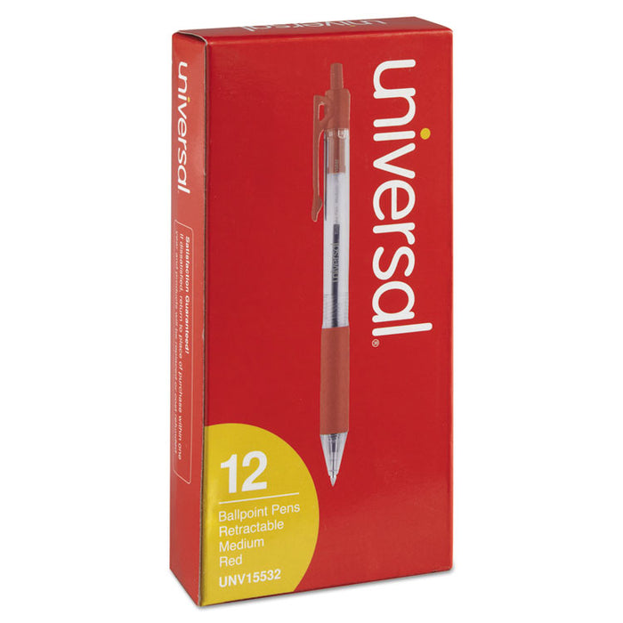 Comfort Grip Ballpoint Pen, Retractable, Medium 1 mm, Red Ink, Clear Barrel, Dozen