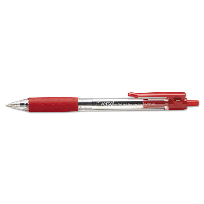 Comfort Grip Ballpoint Pen, Retractable, Medium 1 mm, Red Ink, Clear Barrel, Dozen