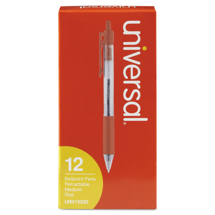 Comfort Grip Ballpoint Pen, Retractable, Medium 1 mm, Red Ink, Clear Barrel, Dozen