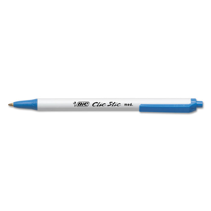 Clic Stic Ballpoint Pen, Retractable, Medium 1 mm, Blue Ink, White Barrel, Dozen