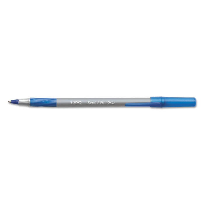 Round Stic Grip Xtra Comfort Ballpoint Pen, Easy-Glide, Stick, Medium 1.2 mm, Blue Ink, Gray/Blue Barrel, Dozen
