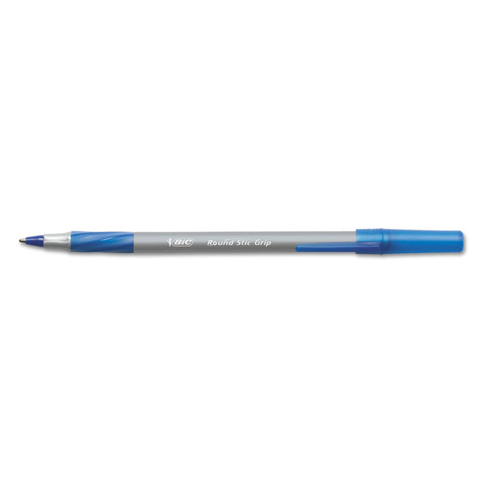 Round Stic Grip Xtra Comfort Stick Ballpoint Pen, 0.8mm, Blue Ink, Gray Barrel, Dozen