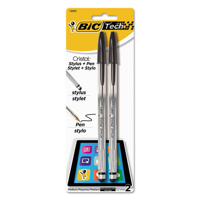 Cristal 2-in-1 Stick Ballpoint Pen/Stylus, 1mm, Black Ink, Silver Barrel, 2/Pack
