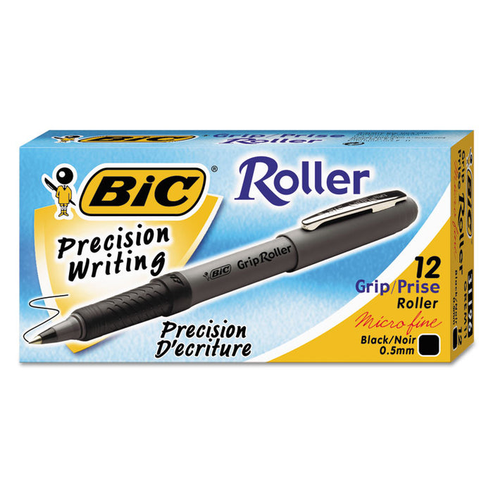 Roller Glide Roller Ball Pen, Micro-Fine 0.5mm, Black Ink, Gray Barrel, Dozen