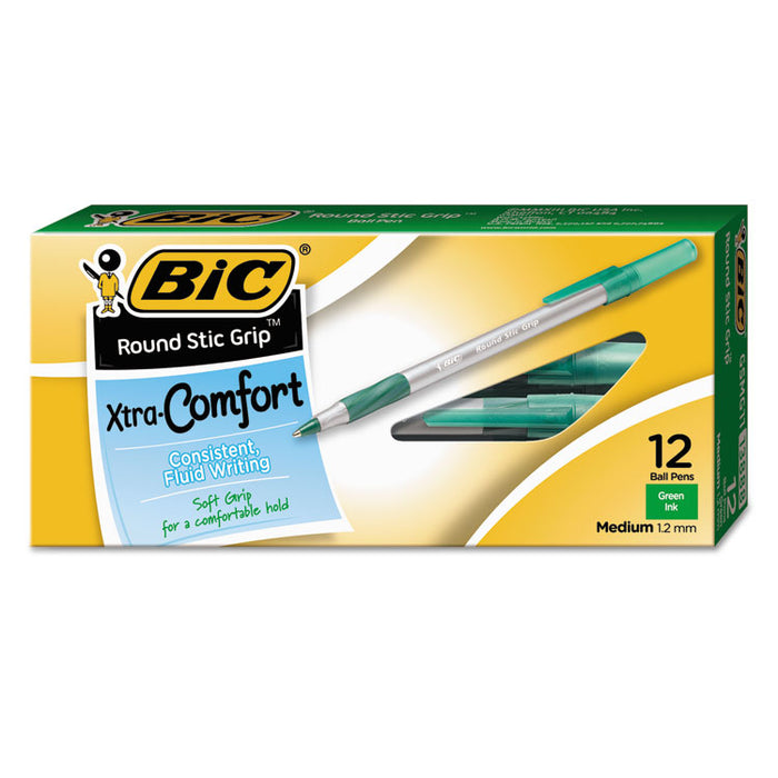 Round Stic Grip Xtra Comfort Stick Ballpoint Pen, 1.2mm, Green Ink, Gray Barrel, Dozen