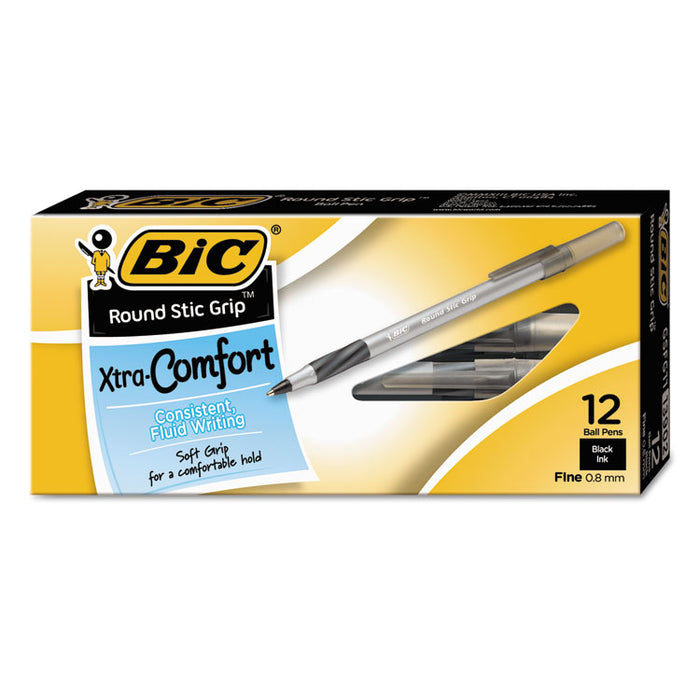 Round Stic Grip Xtra Comfort Ballpoint Pen, Stick, Fine 0.8 mm, Black Ink, Gray/Black Barrel, Dozen
