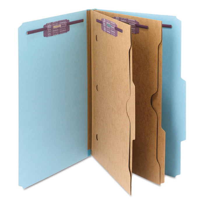 6-Section Pressboard Top Tab Pocket-Style Classification Folders with SafeSHIELD Fasteners, 2 Dividers, Legal, Blue, 10/BX