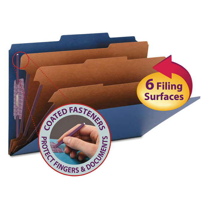 Eight-Section Pressboard Top Tab Classification Folders with SafeSHIELD Fasteners, 3 Dividers, Legal Size, Dark Blue, 10/Box