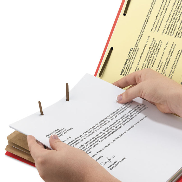 Eight-Section Pressboard Top Tab Classification Folders with SafeSHIELD Fasteners, 3 Dividers, Legal Size, Bright Red, 10/Box