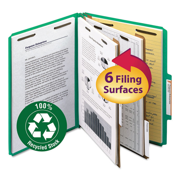 100% Recycled Pressboard Classification Folders, 2 Dividers, Letter Size, Green, 10/Box