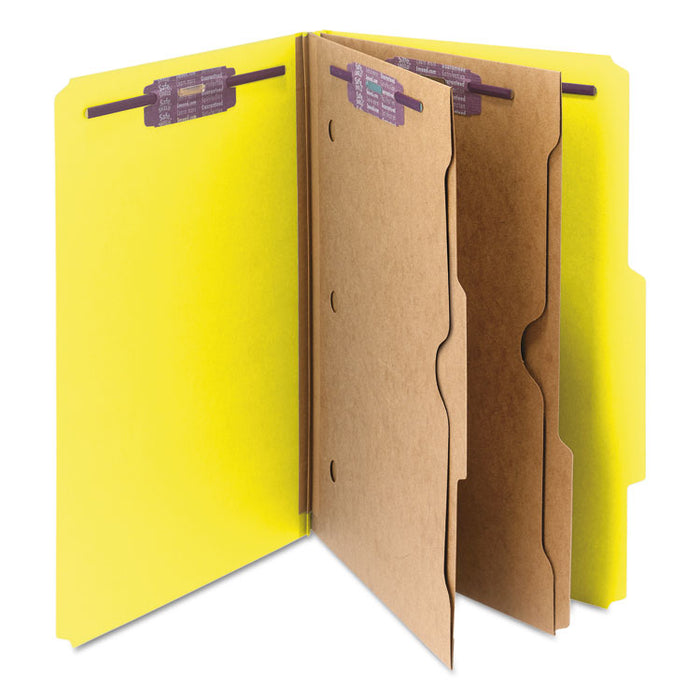 6-Section Pressboard Top Tab Pocket-Style Classification Folders with SafeSHIELD Fasteners, 2 Dividers, Legal, Yellow, 10/BX