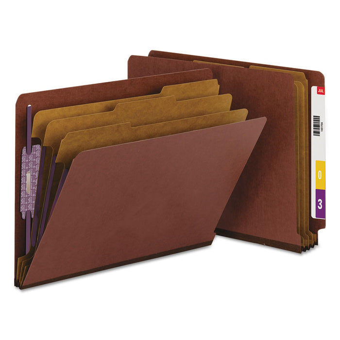 End Tab Pressboard Classification Folders with SafeSHIELD Coated Fasteners, 3 Dividers, Letter Size, Red, 10/Box