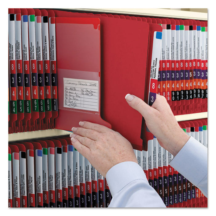 End Tab Pressboard Classification Folders with SafeSHIELD Fasteners, 2 Dividers, Letter Size, Bright Red, 10/Box