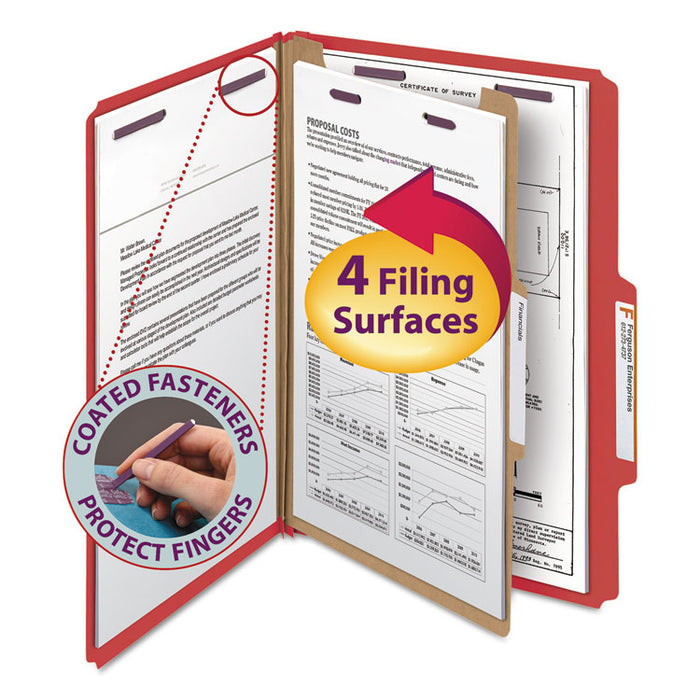 Four-Section Pressboard Top Tab Classification Folders with SafeSHIELD Fasteners, 1 Divider, Legal Size, Bright Red, 10/Box