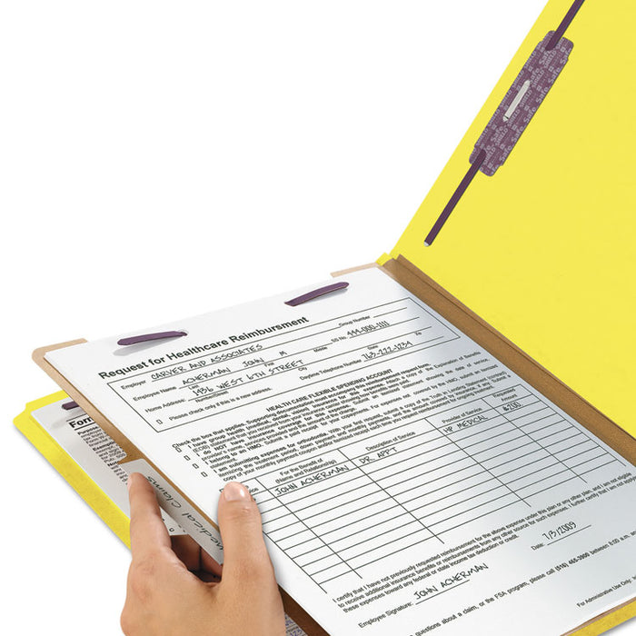 Four-Section Pressboard Top Tab Classification Folders with SafeSHIELD Fasteners, 1 Divider, Legal Size, Yellow, 10/Box