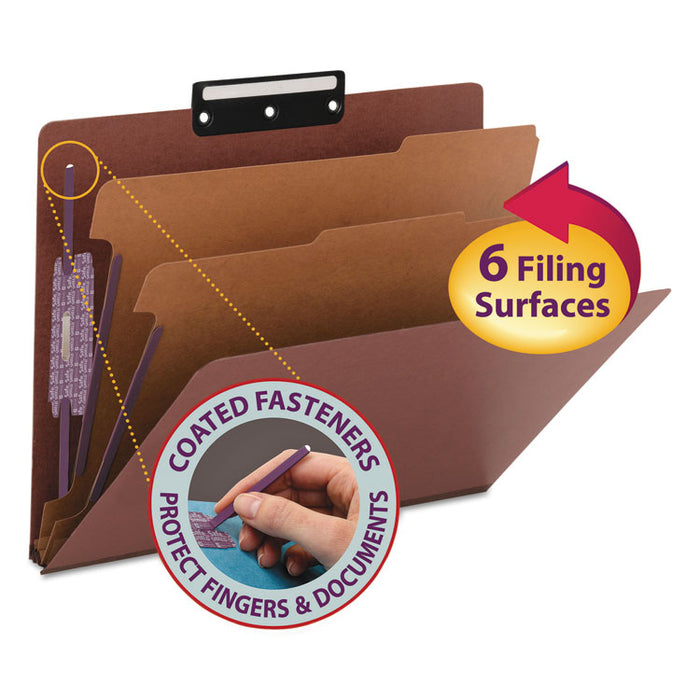 Pressboard Classification Folders with SafeSHIELD Coated Fasteners, 1/3-Cut, 2 Dividers, Letter Size, Red, 10/Box