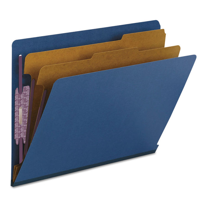 End Tab Pressboard Classification Folders with SafeSHIELD Fasteners, 2 Dividers, Letter Size, Dark Blue, 10/Box