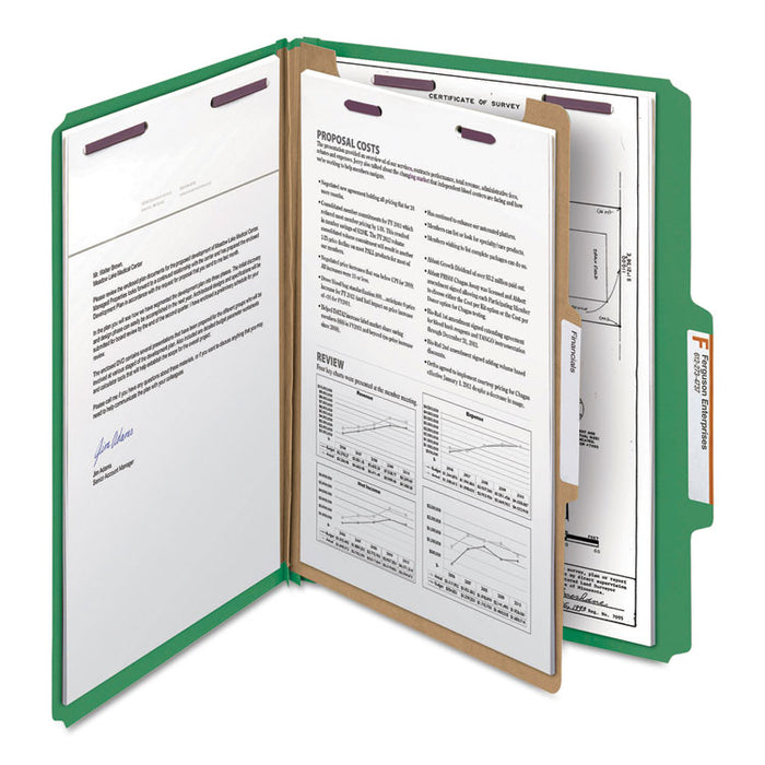 Four-Section Pressboard Top Tab Classification Folders with SafeSHIELD Fasteners, 1 Divider, Letter Size, Green, 10/Box
