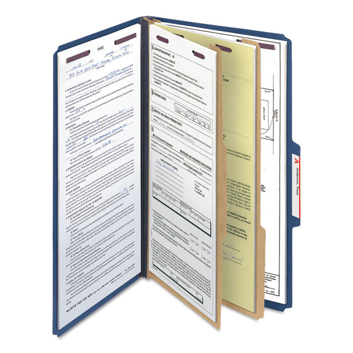Six-Section Pressboard Top Tab Classification Folders with SafeSHIELD Fasteners, 2 Dividers, Legal Size, Dark Blue, 10/Box