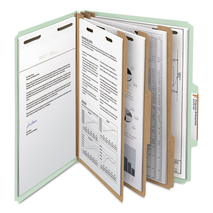 100% Recycled Pressboard Classification Folders, 3 Dividers, Letter Size, Gray-Green, 10/Box